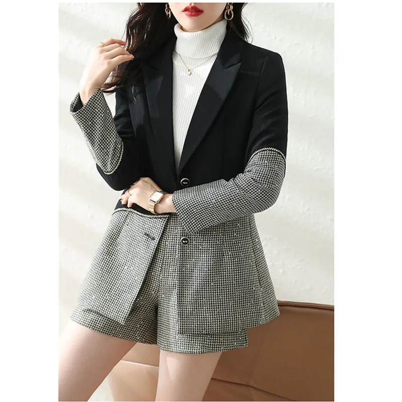 Contrasting Color Blazer Jacket Female 2024 New Spring And Autumn Two Piece Set Design Sense Niche Stitching Suit+Shorts Suit