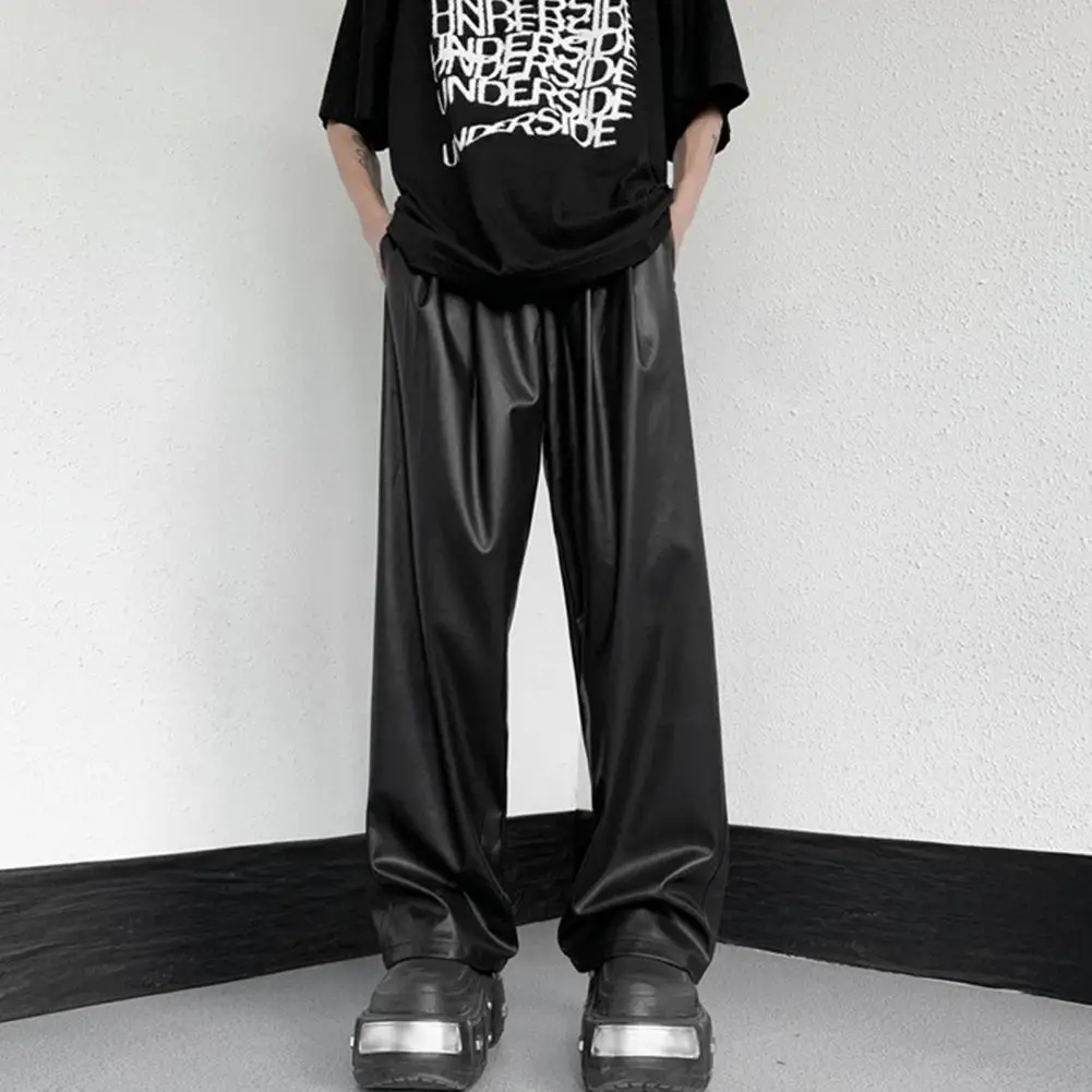 Men Faux Leather Pants Women Faux Leather Trousers Men's Faux Leather Drawstring Pants with Wide Leg Elastic Waist for Hip Hop