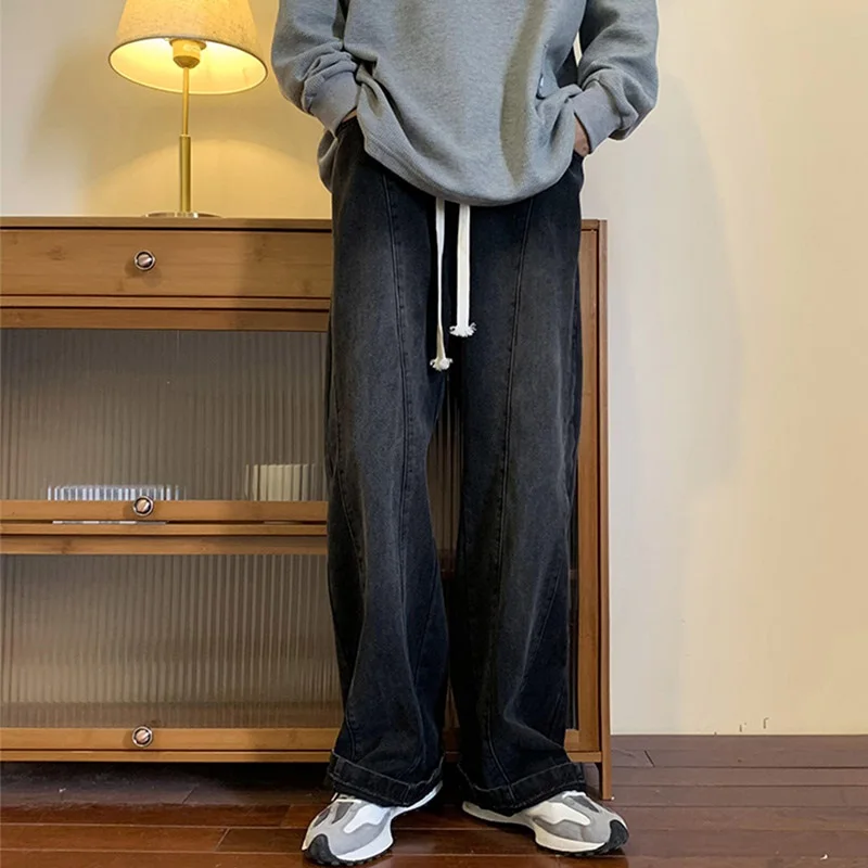 

Мужские джинсы в стиле ретро, выцветшие, свободного прямого кроя, широкие, длинные брюки в гонконгском стиле, повседневная прямая обувь для подростков