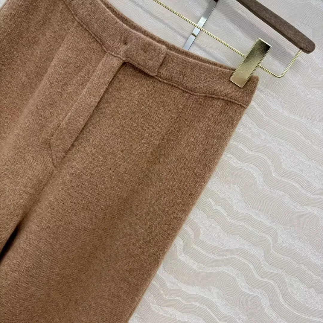 Old Money Style Autumn Winter Loose Knitted Cashmere Wide Leg Pants Women Elastic High Waist Solid Color Casual Trousers