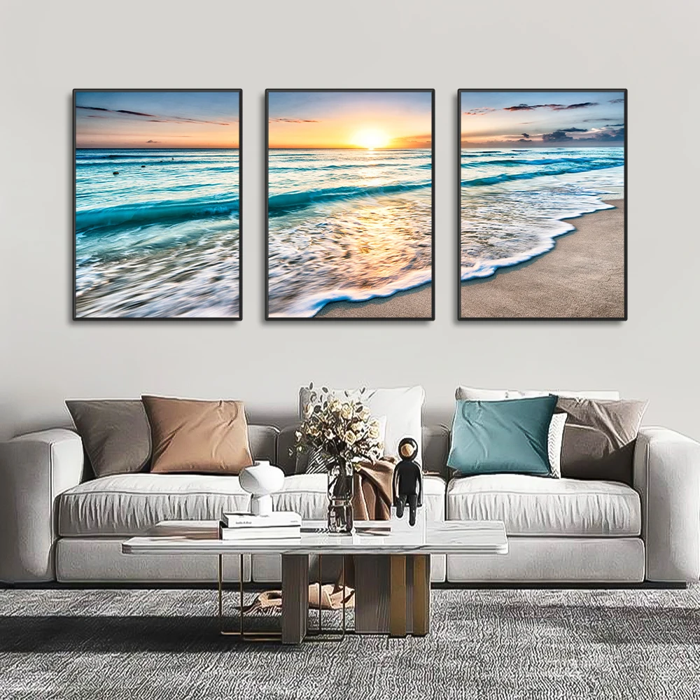 3PCS Frameless,3pcs Modern Wave Beach Sunset Canvas Painting Natural Sea View Posters And Printed Wall Art Photos For Living Roo