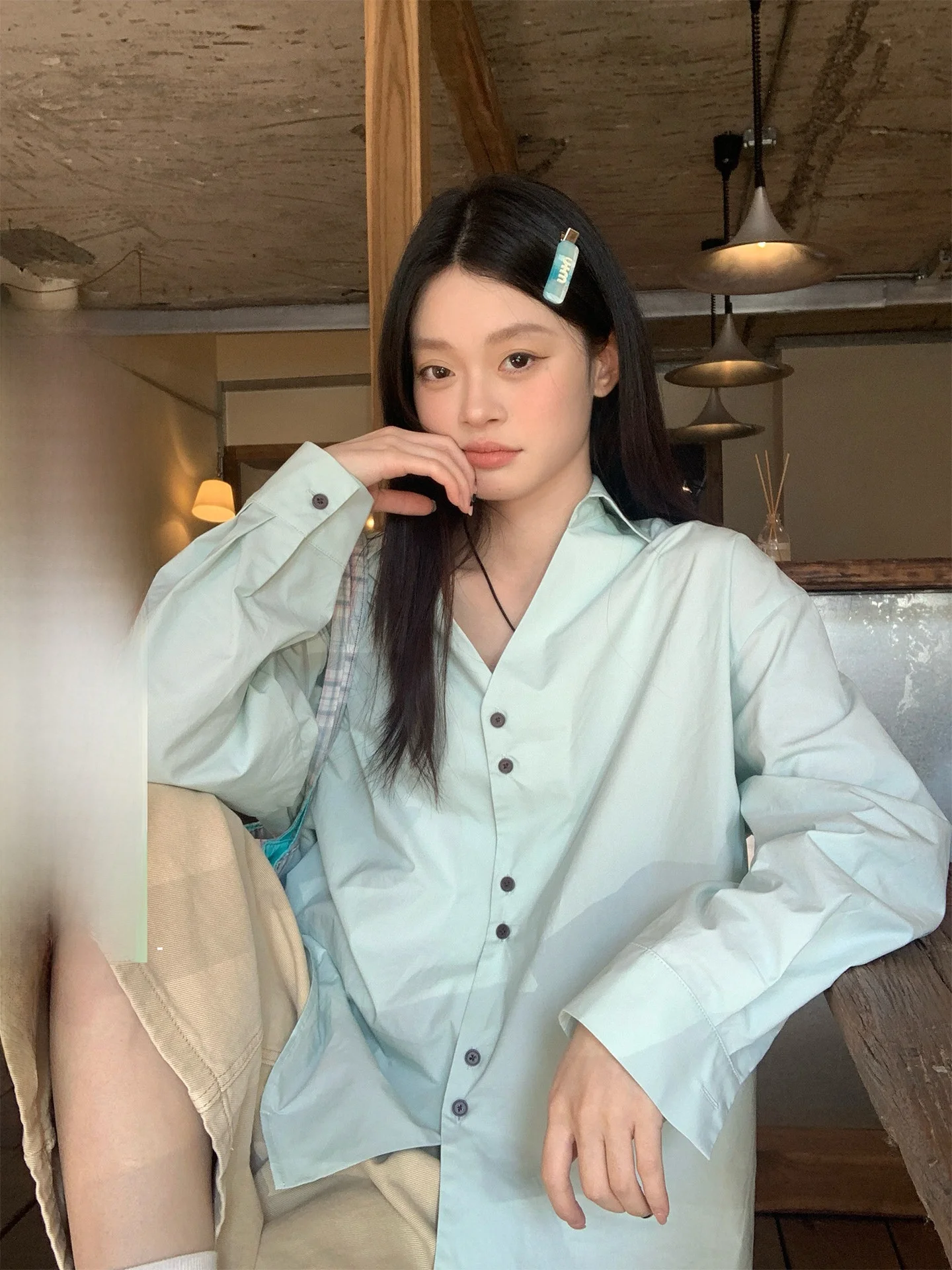 

Loose Long Sve Women's irt Inner Wear Layering Spring New Design High End Water een Color Commute Sle Korean Version