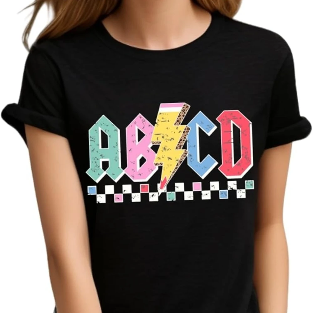 

ABCD Teacher Shirts Funny Teacher Graphic Tees Vintage Teacher Gifts Tops Men Women Summer Fashion Crewneck Cotton Short Sleeve