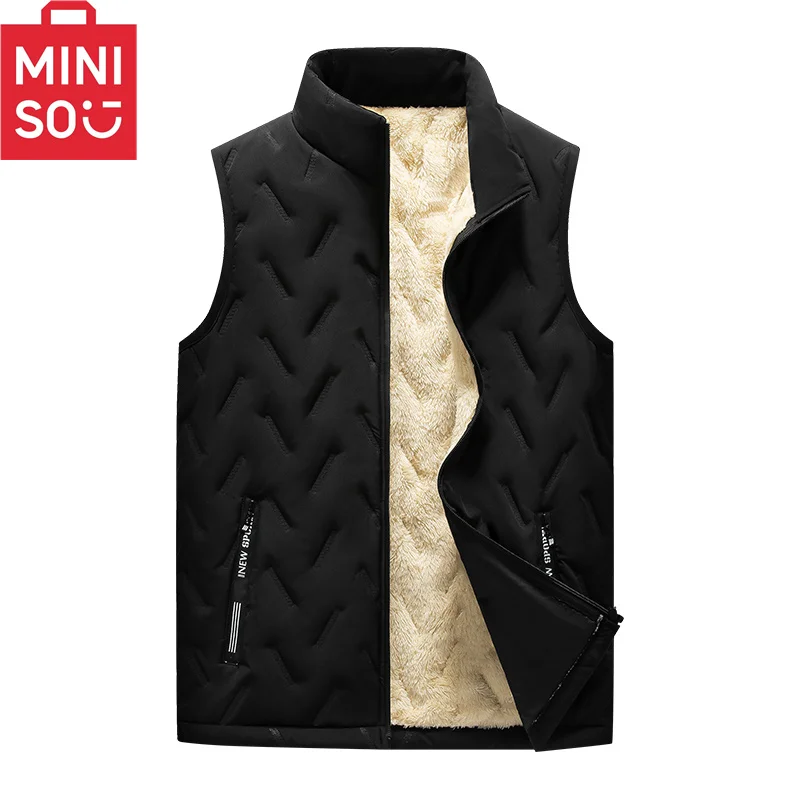 MINISO vest with thick wool and lamb wool, men\'s winter vest with wool base, warm stand collar, winter clothes, ultrasonic vest