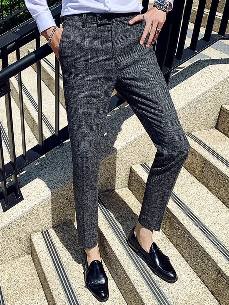 2024 New Boutique Classic Plaid and Striped Fashion Men\'s Casual Business Slim Suit Pants Groom Wedding Dress Trousers Party