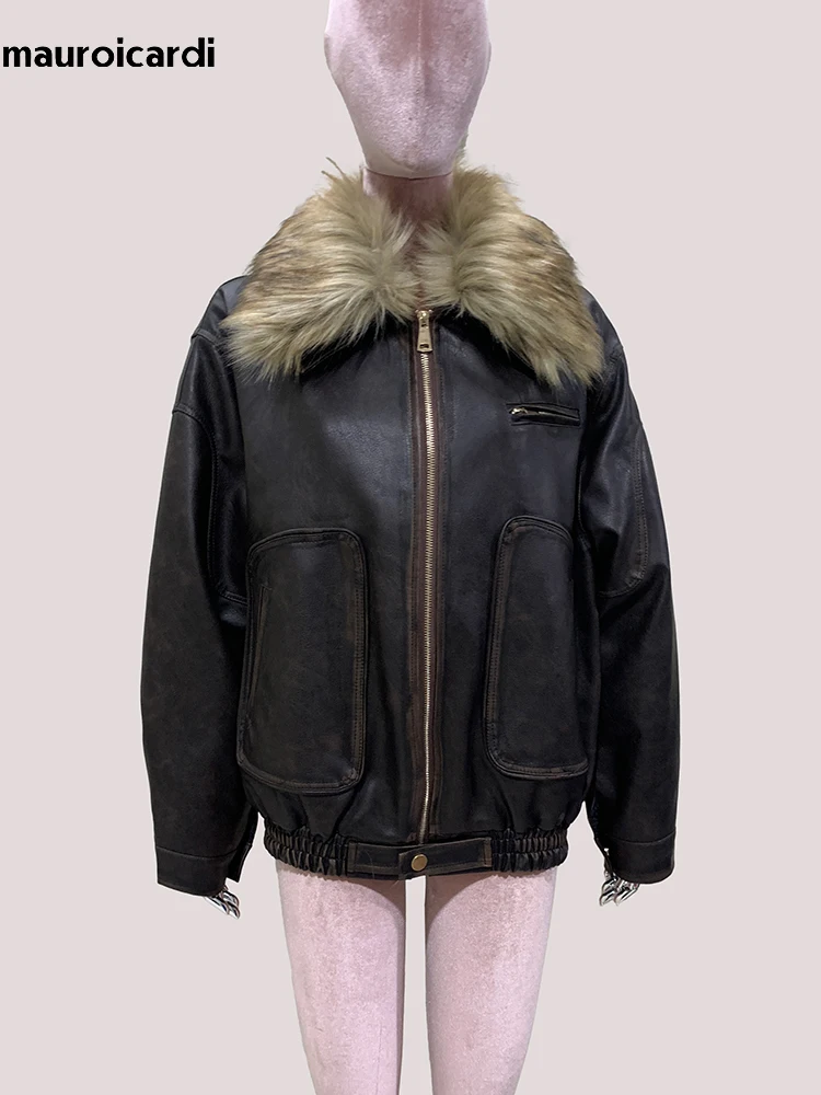 Mauroicardi Autumn Winter Short Distressed Washed Thickened Warm Quilted Vintage Brown Pu Leather Jacket Women with Faux Collar
