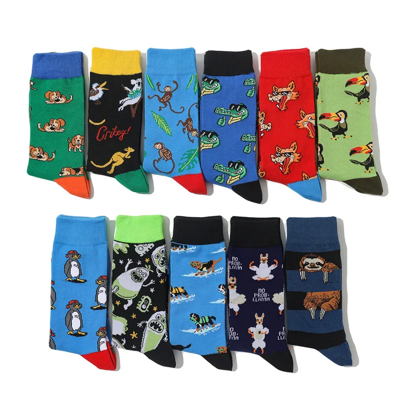 Happy Design Fun Socks Men\'s Woodpecker Crocodile Puppy Animal Sokken Diversidos Jacquard Calcetines Unisex Hip Hop Skateboard