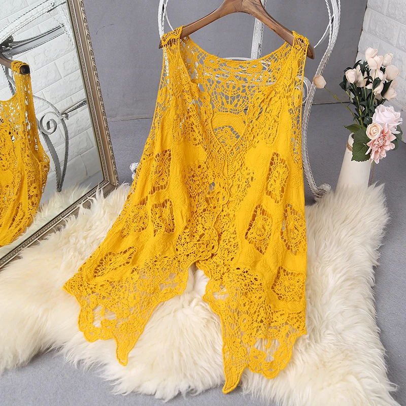 Hippie Froral Patch Design Vest Retro Vintage Crochet Summer Beach Cover Up Top Asymmetric Open Stitch Kimono Cardigain 2023