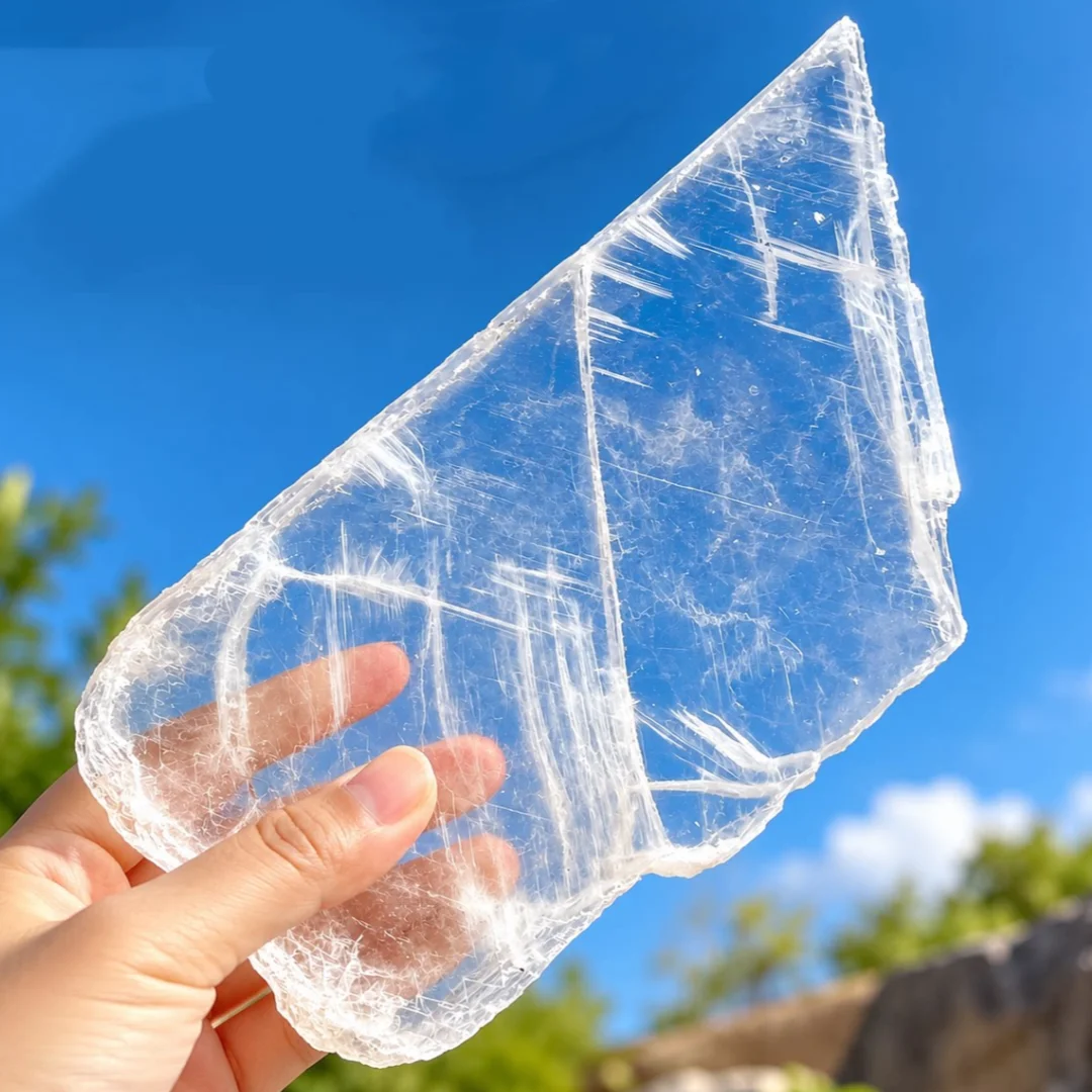 Natural Raw Selenite Slab, Rough Satin Spar Crystal Plate, Transparent Selenite Slice for Crystal Cleansing Meditation Home Deco