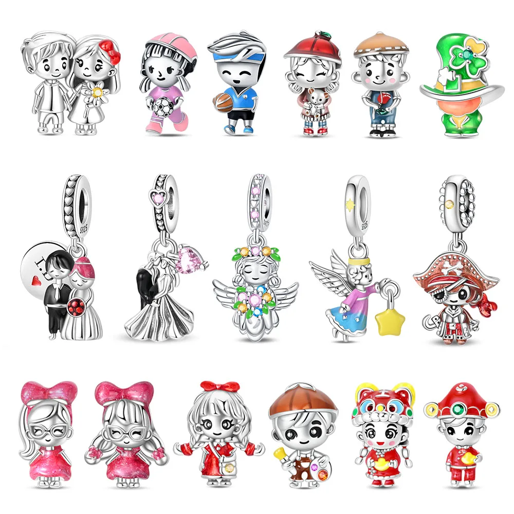 Character Series 925 Sterling Silver Fashionable Girl Couple Wedding Charms Fit DIY Bracelet Necklace Exquisite Gift Pairing