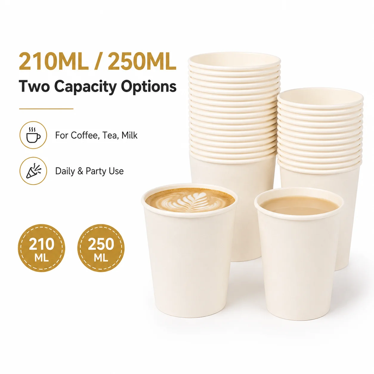 50/100pcs White Paper Cups – 210ml & 250ml Disposable Coffee/Tea Cups, PE-Coated, Food-Safe for Party, Office & Home