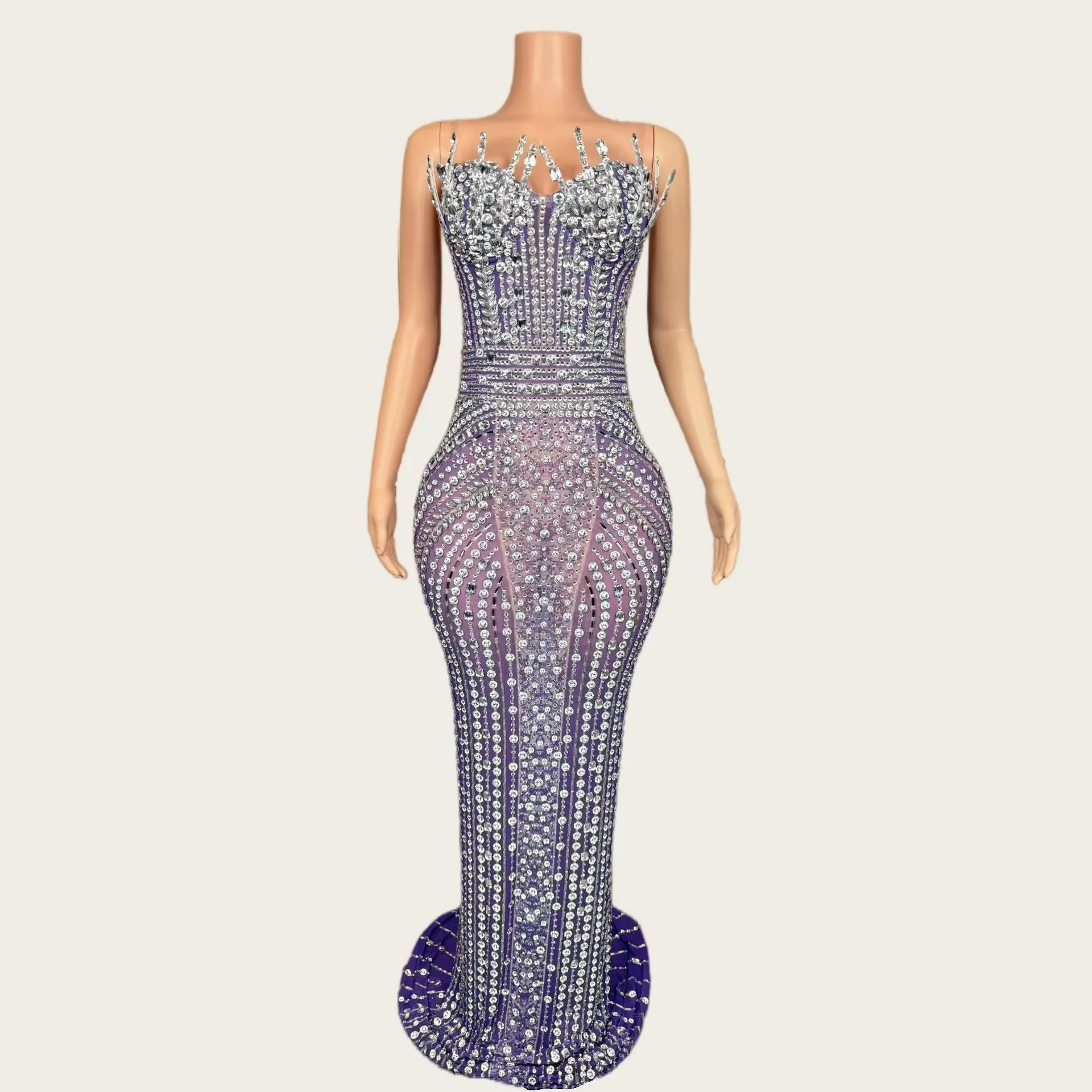 

High-end Women Couture Sparkly Crystals Strapless Long Dresses Sexy Elegant Party Outfit See Through Mesh Evening Gown Bazhuayu