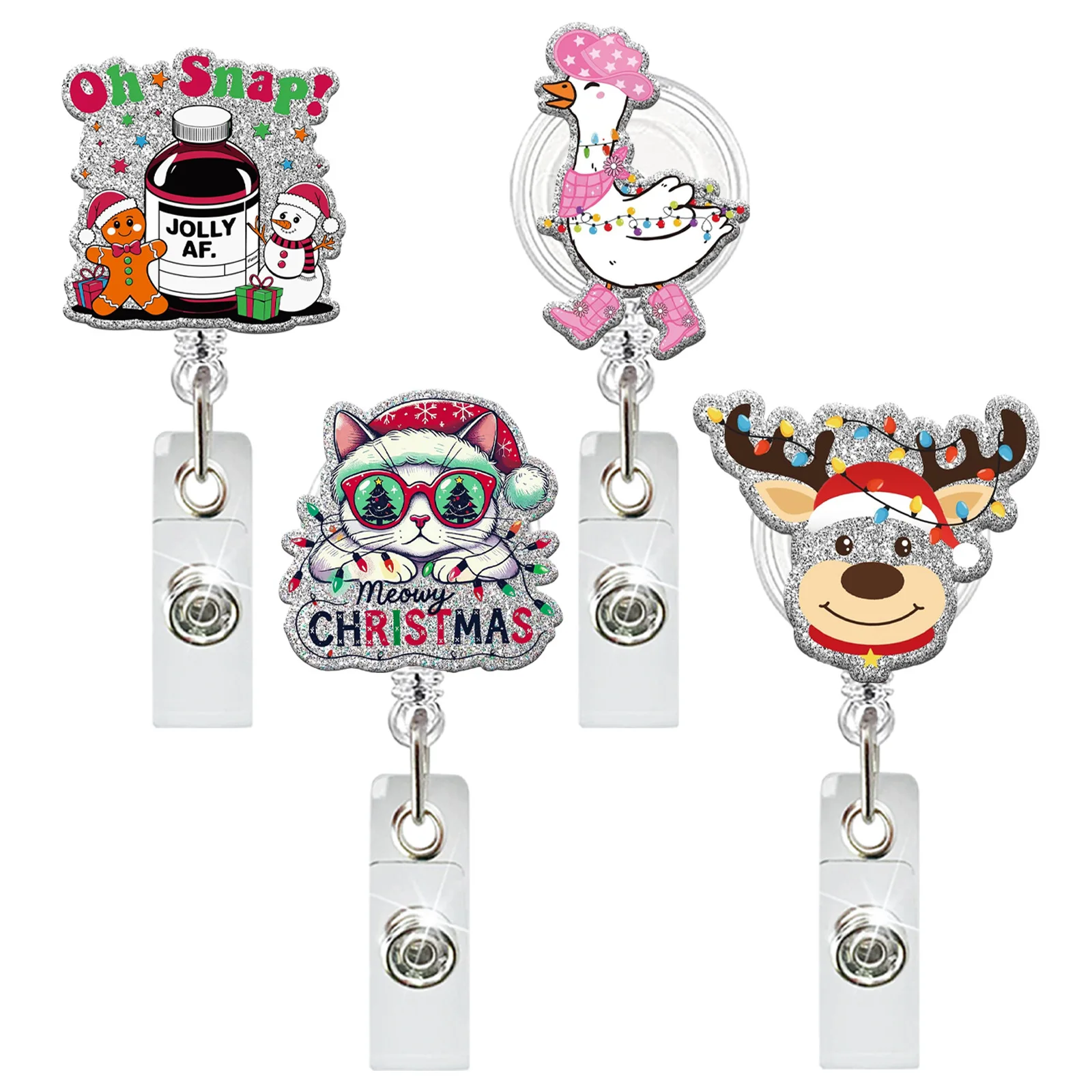 Christmas Colorful Light Big White Goose Glitter Acrylic Retractable Badge Reel ID Badge Holder Christmas Gift for Nurse