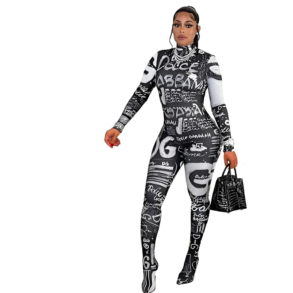 Prowow Fashion Print Women Jumpsuits One-piece Zipper Long Sleeve Bodycons Outfits Turtleneck Female Romper Clothing