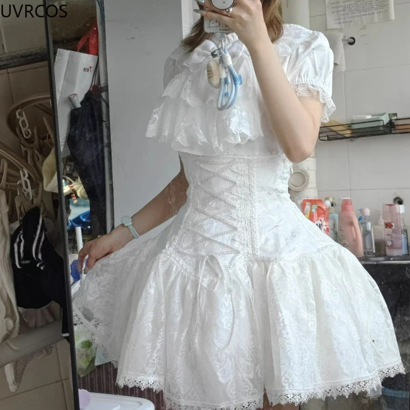 Japanese Gothic Style Rhinestone Bow Skirt Set Women Sweet Lace Ruffles Shirts Slim Bandage Mini Skirt Female Lolita Y2k Outfits