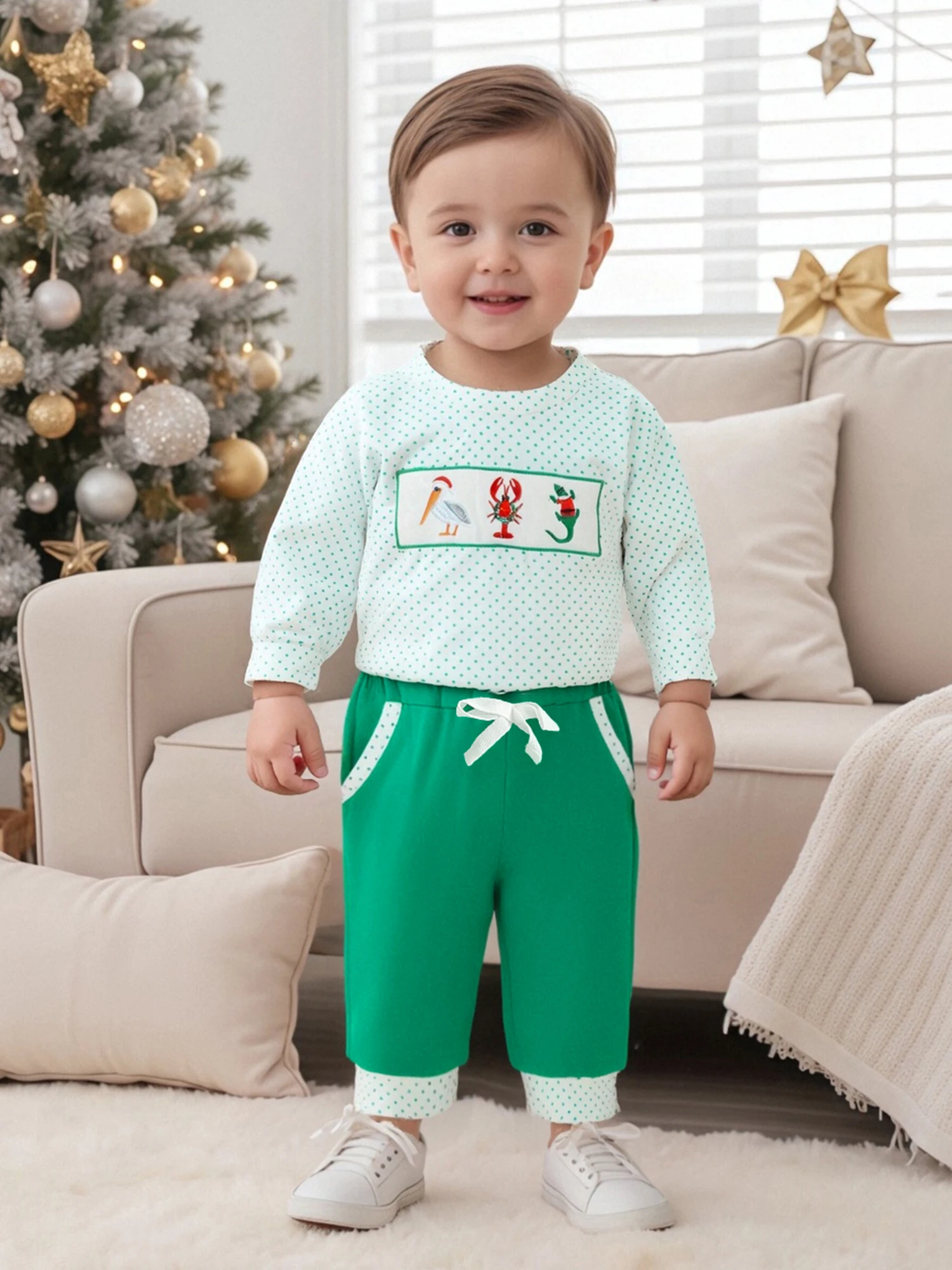 

Infant Winter Holiday Animal Embroidery Sweater and Leggings Set with Bow Detail - Festive Duck and Lobster Design - 2 Piece