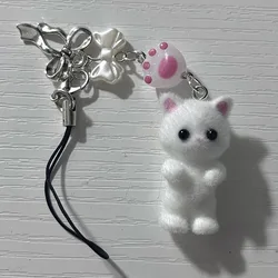 Handmade White Cat Calico charme telefone Keychain