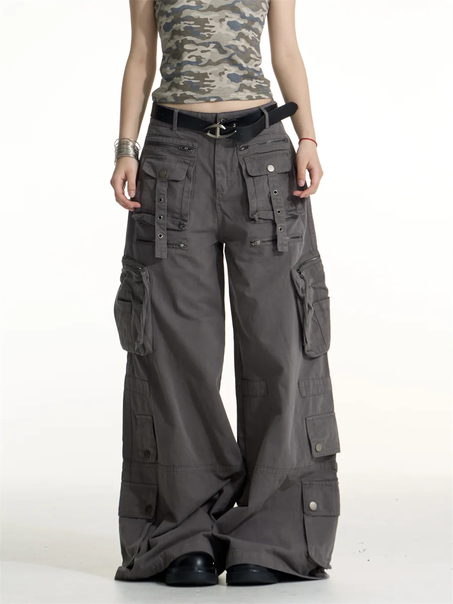 Street Style Heavy Duty Workwear Pants Women's Loose Long Trousers Multi-Pocket Zipper Splicing Hot Girl Casual Pants