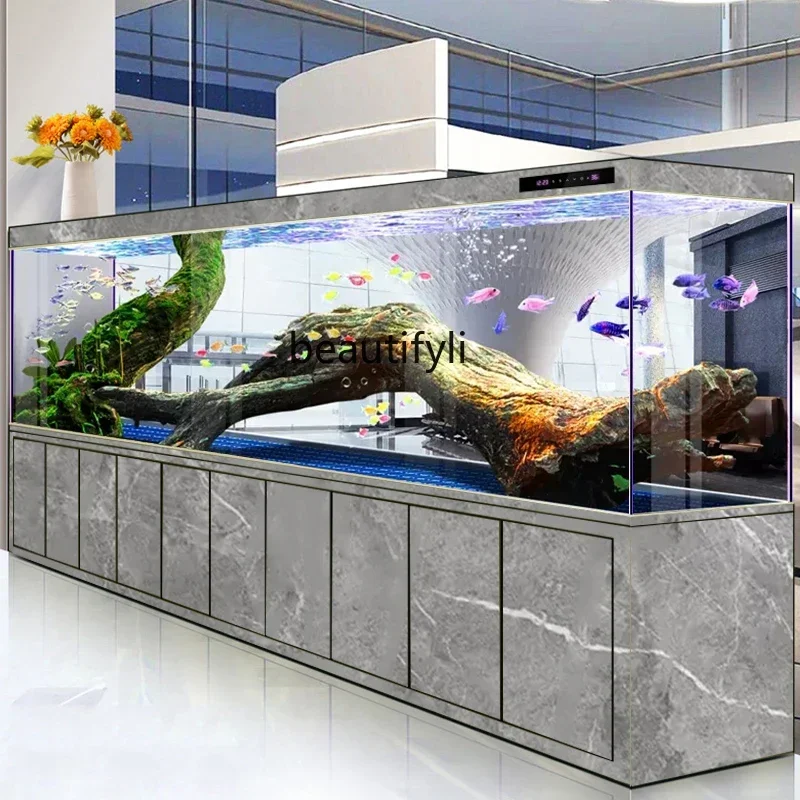 Living room large aquarium ultra-white glass partition ecological water-free bottom filter arowana tankAA