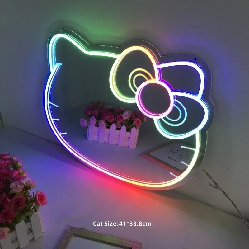 Flash LED Lights Colorful KT Cat Mirror Neon Sign Christmas Party Decor Shine Anime Cartoon Neon Lamp for Hello Kit Home Decor