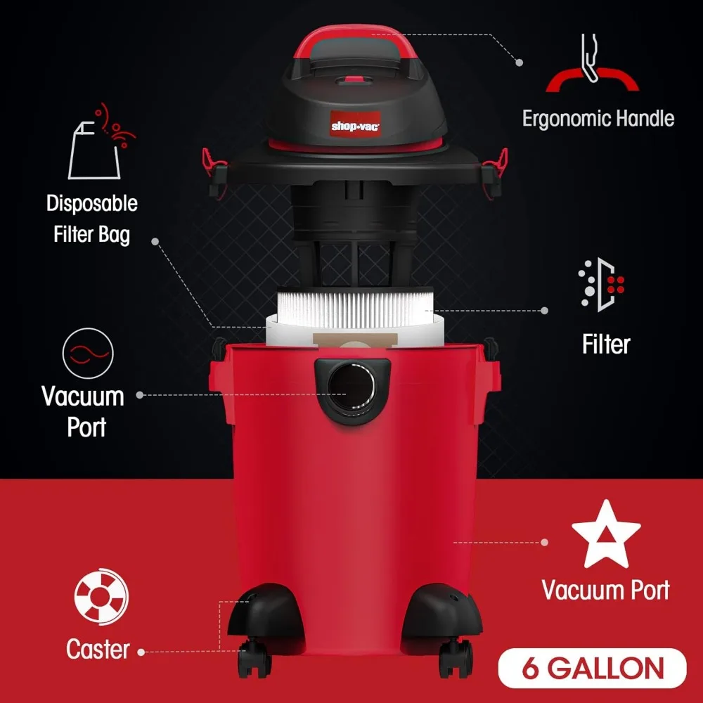 Vacuum Basah Kering 6 Galon, 3.0 HP Heavy-Duty Shop Vac dengan Filter dan Aksesoris untuk Rumah, Garasi, Mobil & Bengkel