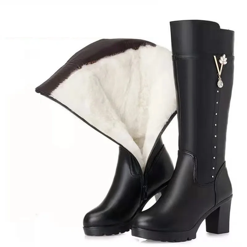 Womens Ankle Boots High Quality Leather Casual Boot Fashion High Heeled Ankle Boots for Women Plush Warm Winter Boot Botas Mujer
