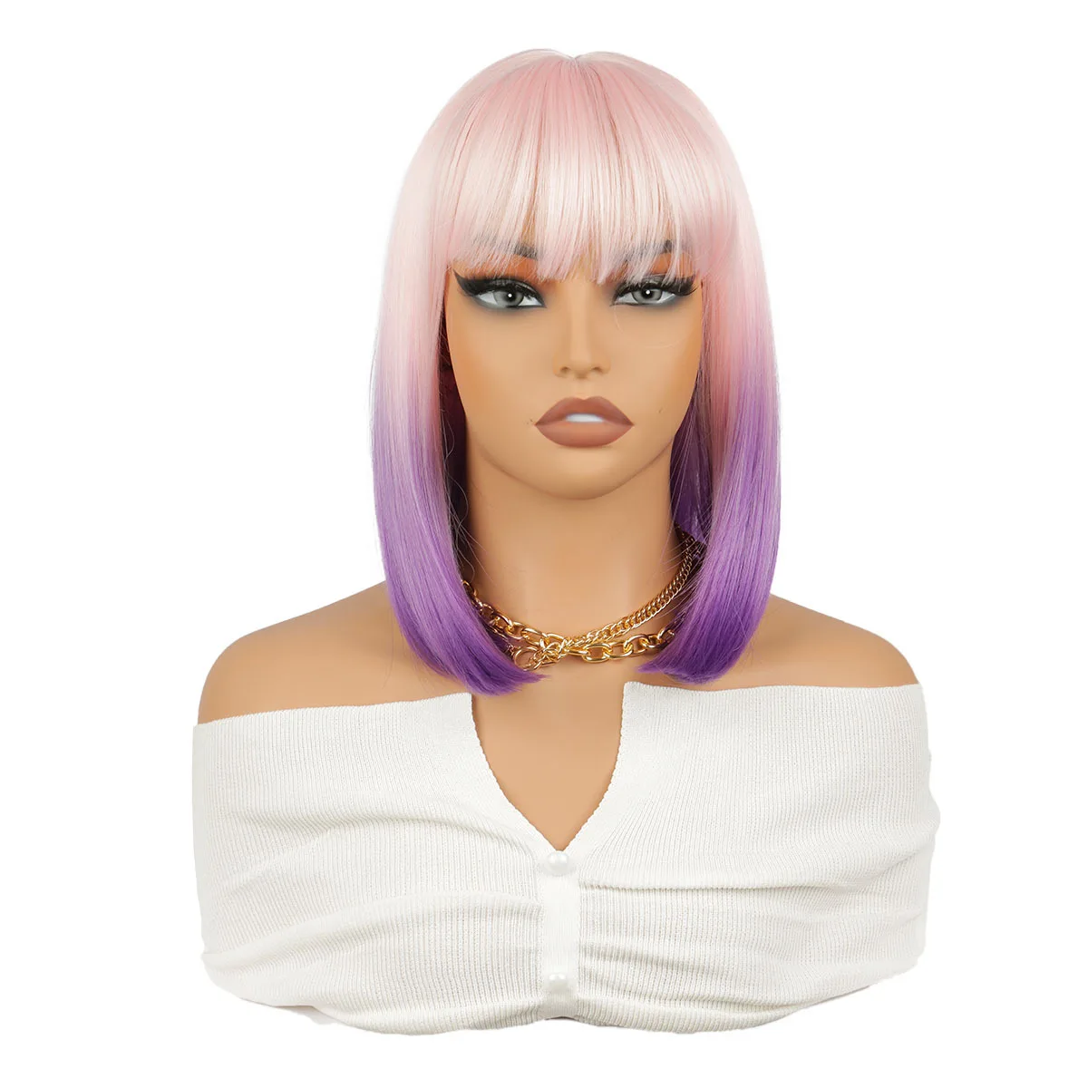 Short Bob Straight Wig With Bangs for Women 12 Inch Ombre Pink Purple Straight Wigs Synthetic Halloween Cosplay Party Daily Hair