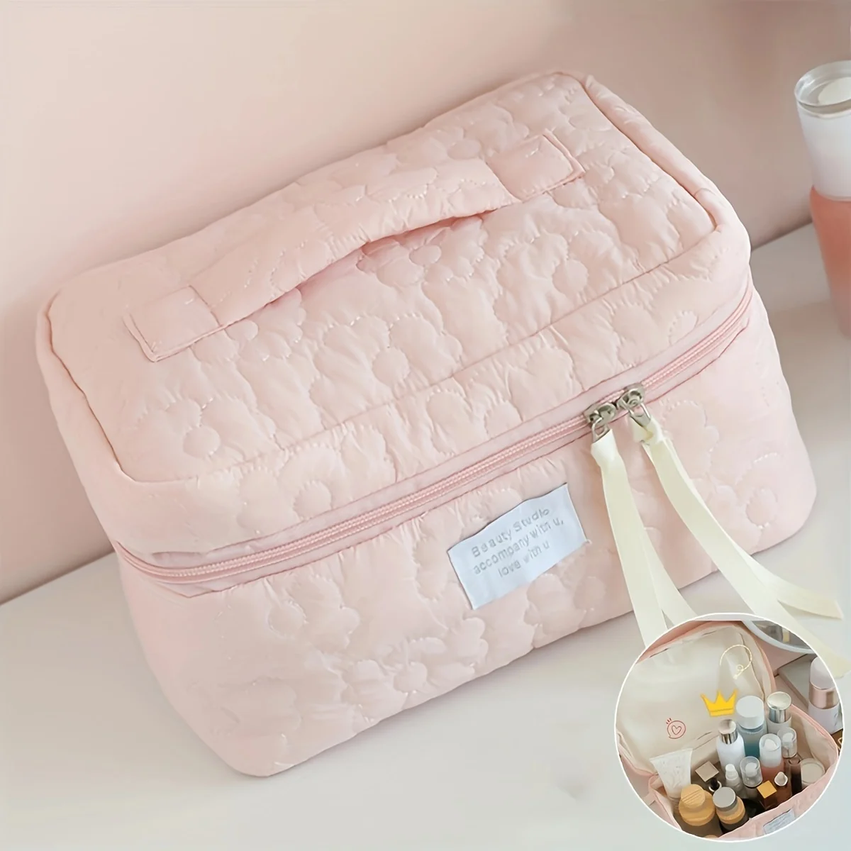 Fashionable Cosmetic Bag with Soft Fabric, Large Capacity Candy-Colored Cute Storage Bag, Travel Portable Soft Floral Hand-Held Cosmetic Bag for Women