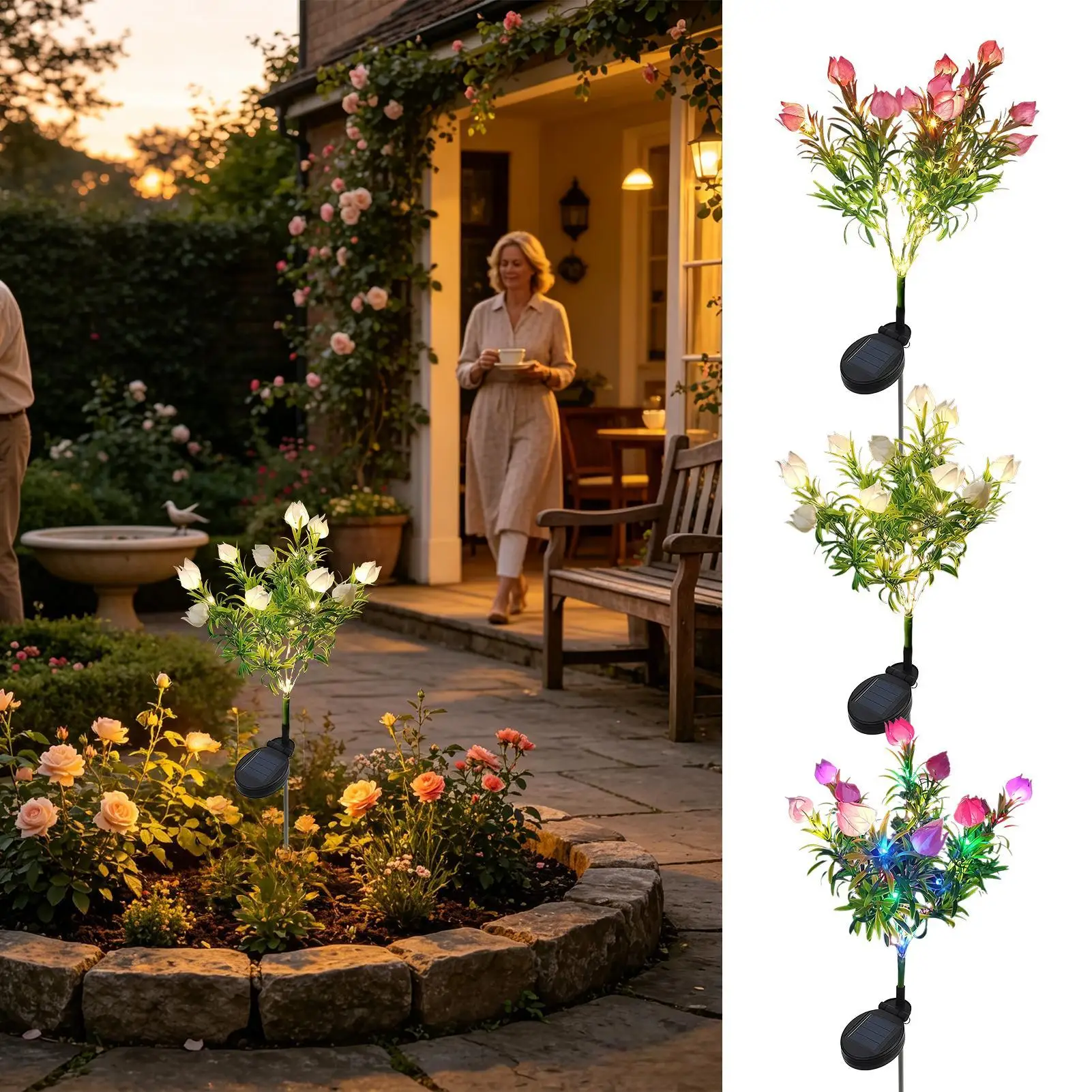 Flower Solar Lights LED Waterproof Realistic Decoration Solar Decorative Lights Outdoor For Patio Garden Balcony Flower Beds