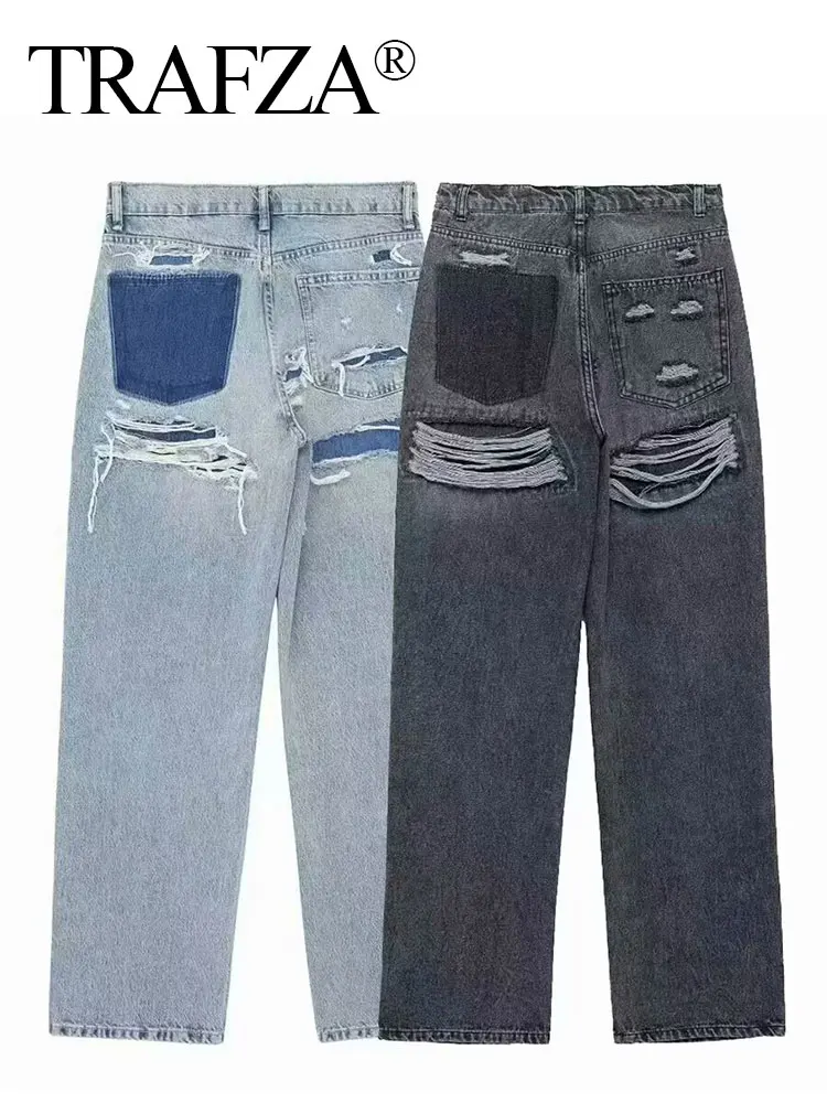 Jeans TRAFZA per donna moda Vintage fori decorati pantaloni in Denim Patchwork pantaloni a vita alta Y2K 2024 Jeans da donna High Street