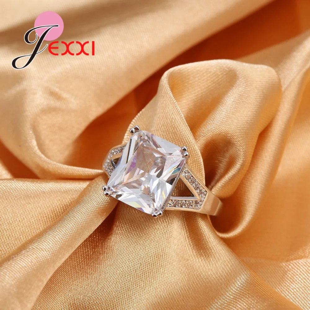 Simples 925 prata esterlina anéis de casamento para mulheres claro forma quadrada noivado anel de dedo de cristal anel anillos femme