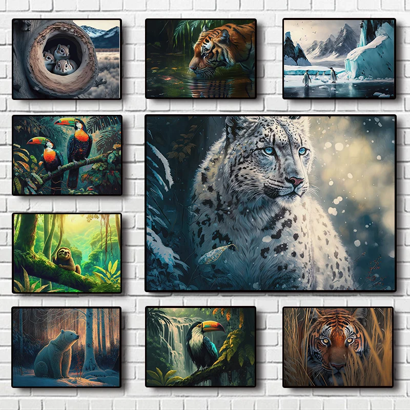 Rainforest Waterfall Animals Nature Posters Bengal Tiger Baby Panda Polar Bear Prints Canvas Wall Picture Home Living Room Decor