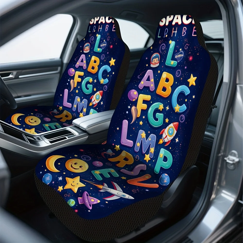 2pcs Space Alphabet Car Seat Covers - Vibrant Starry Night Design With ABCs, Easy To Install & Washable, Durable Polyester Fiber