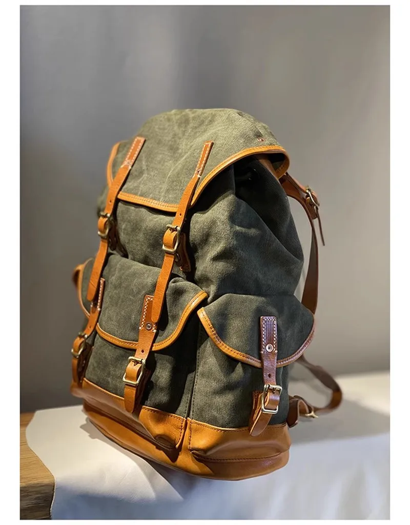 Vintage high-quality canvas genuine leather men women backpack outdoor travel designer luxury handmade large capacity schoolbag