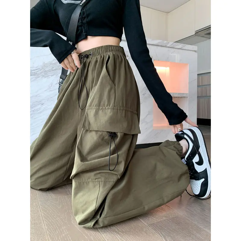 150cm Petite girls American High Street Drawstring Work Pants Women High Waist Casual Straight Wide Leg Tied Feet XS Nine-point