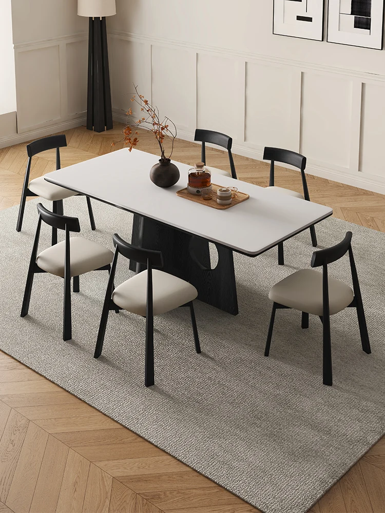 

French retro rock slab dining table modern simple household rectangular solid wood dining table and chair combination living roo