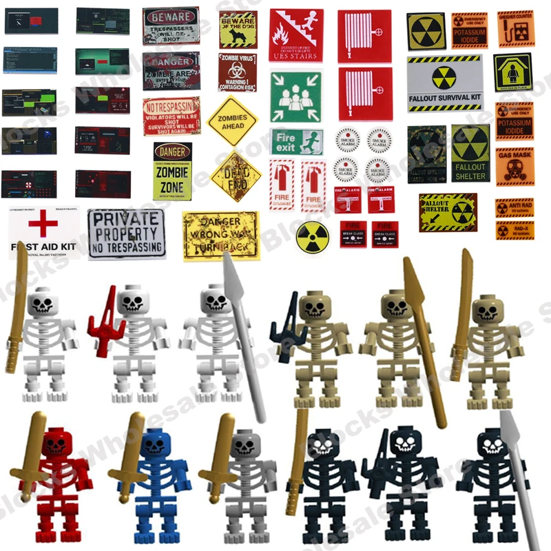 Skeleton Zombies Figures Building Blocks MOC Printed Bricks Computer Screen Biochemical Electric Hazard Sign Figures Toys