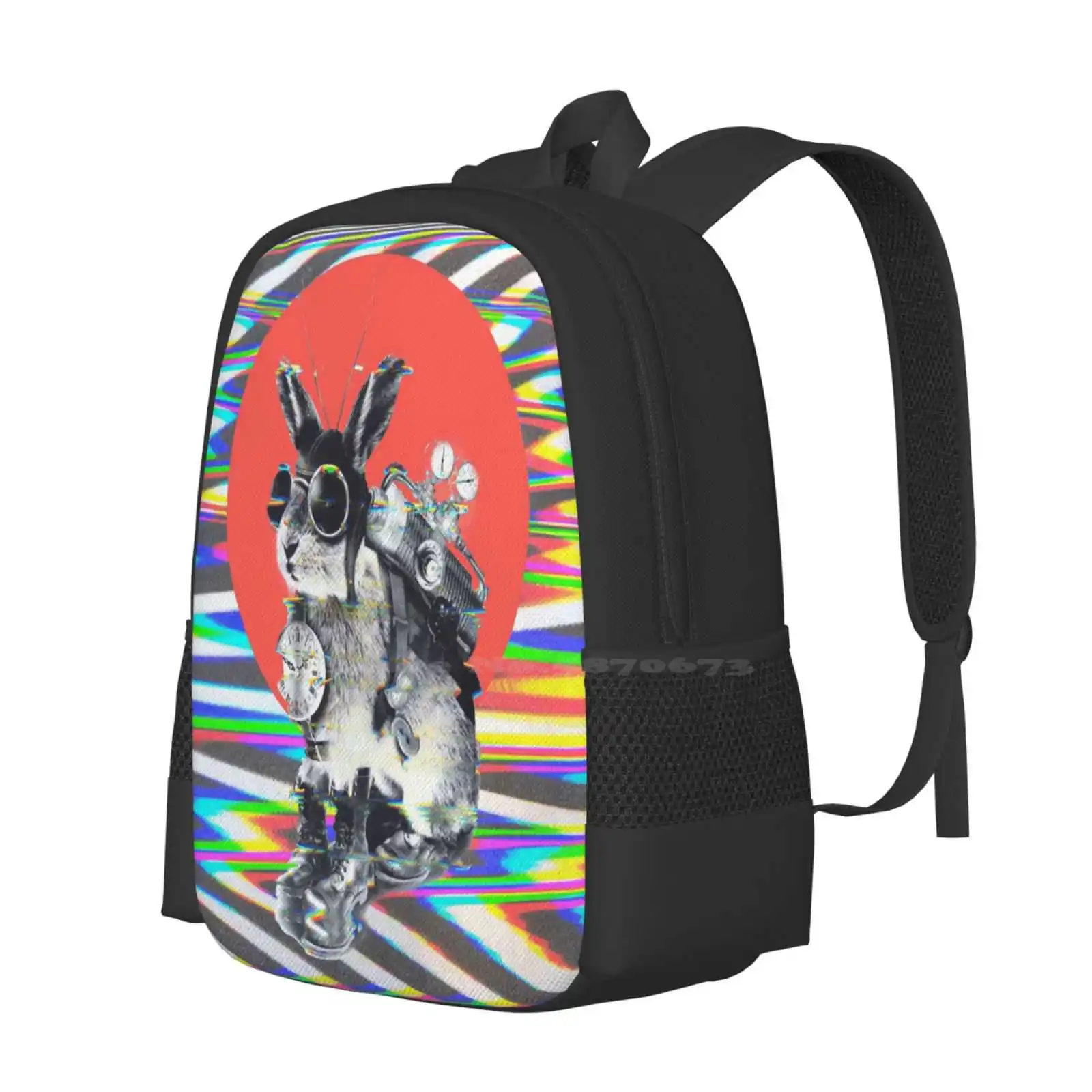 Time Traveller Teen College Student Backpack Pattern Design Bags Time Traveller Bunny Cute Fantasy Fiction Animal Ali Gulec