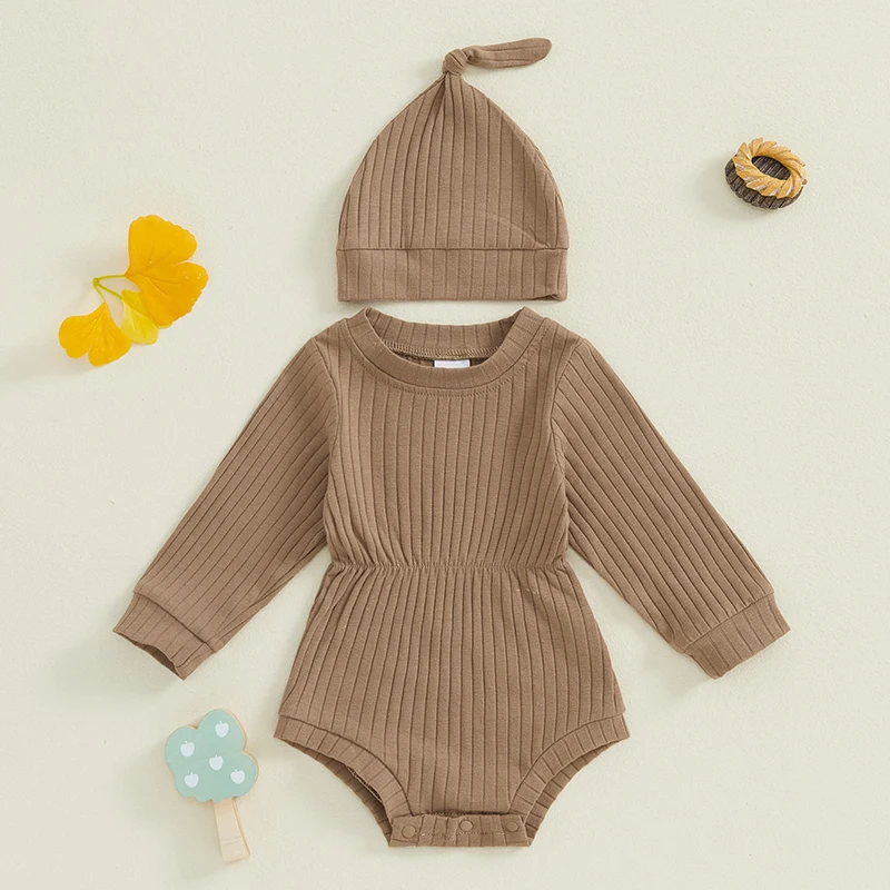 

Suefunskry Baby 2-piece Outfit, Long Sleeve Crew Neck Solid Color Ribbed Romper with Hat Fall Clothes for Boys Girls