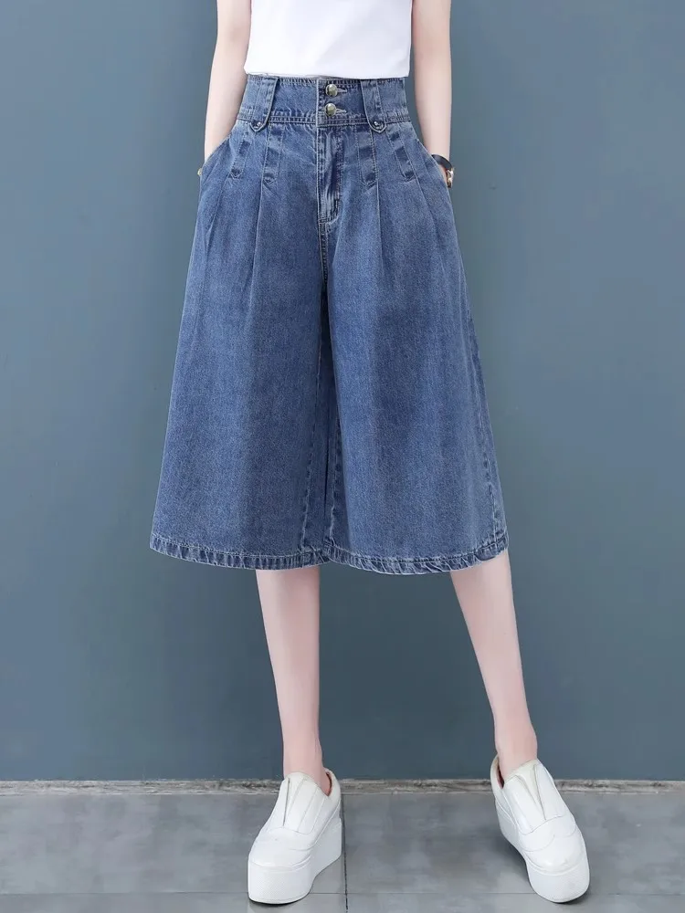 

Women's Wide Leg Jeans Capri Pants High Waist Straight Thin High-Low Length Summer New Style Loose Drapey Silk-Like Denim