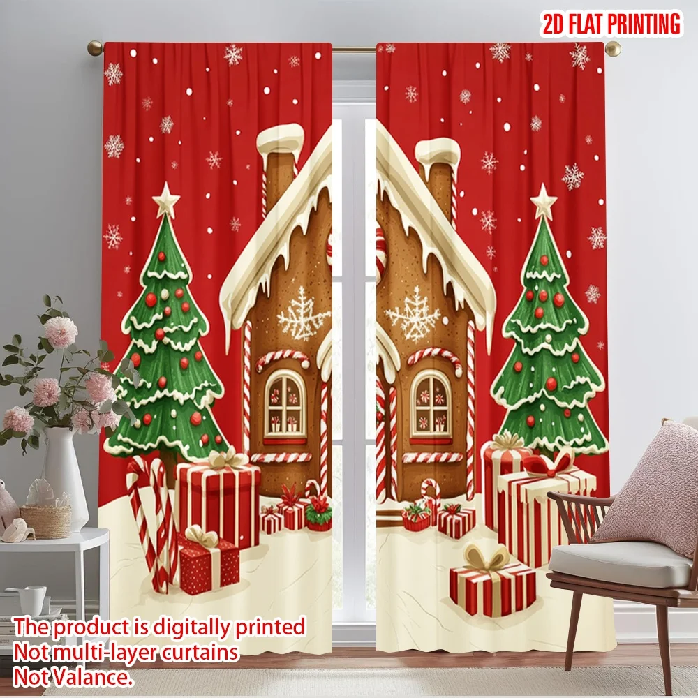 2pcs,2D plane printing Curtains Roller Blinds Gingerbread House Christmas Snowflakes Polyester (without rod) Holiday for