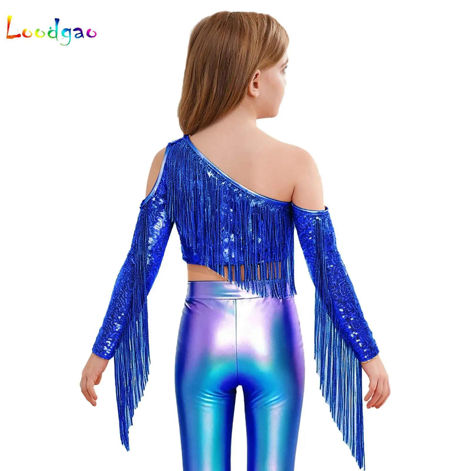 

Pageant Tassels Shiny Sequins Crop Top Kids Girls 70S Disco Vintage Hippie Costume Outfits One Sleeve Jazz Performance Dancewear