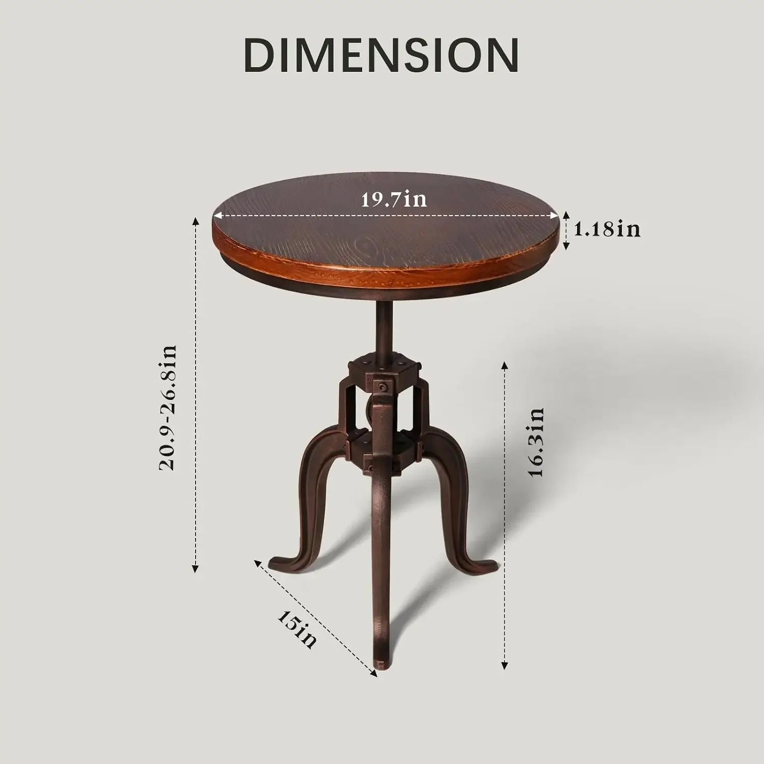 Industrial Iron Adjustable Crank Accent Table | Walnut Wood Top/Copper Home Decor Crank End Table