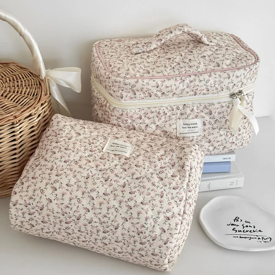 المرأة الأزهار طباعة حقيبة مستحضرات التجميل حقيبة يد السفر المنظم يشكلون حقيبة التخزين سعة كبيرة مبطن حقيبة للهدايا #3