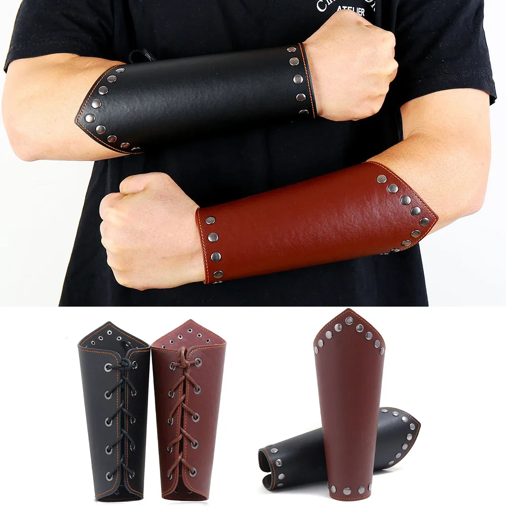 1 PC Cosplay Props Faux Leather Wide Bracer Lace Up Arm Armor Cuff String Steampunk Vintage Medieval Gauntlet Wristband Bracelet