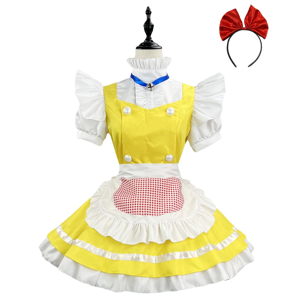 

Yellow Cute Women Maid Outfit Lolita Sweet Japanese Anime Girl Kawaii Cafe Apron Dress Bell Cosplay Maid Full Costume Set S-5XL