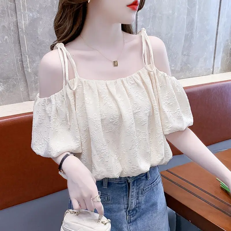 2024 New Summer Fashion England Sweet Slash Neck Solid Color Printed Bandage Loose Camissole Short Sleeve Women\'s Chiffon Tops