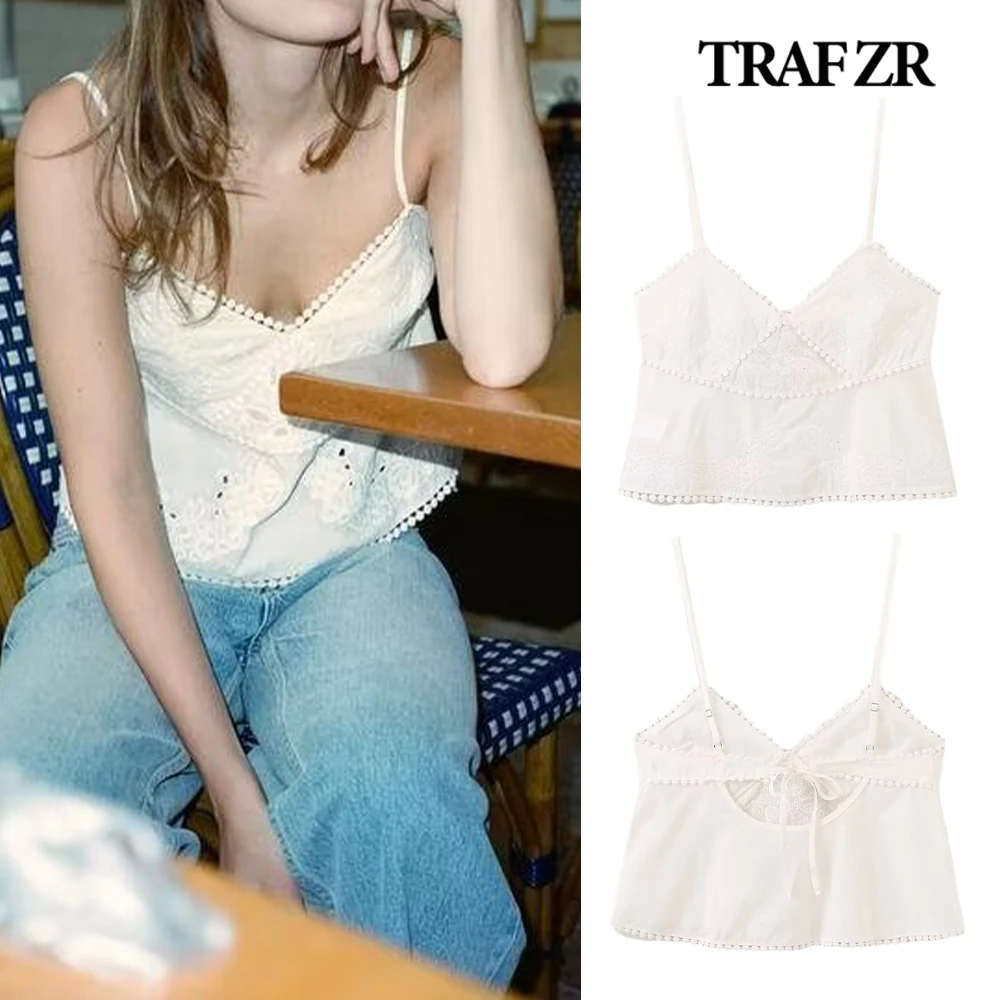 TRAF ZR Sexy Women's Summer Tops and Camis Derocated Trim Embroidery Camis Top Thin Straps Tied Back Cotton Crop Top Open Back