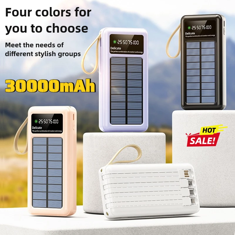 

30000 мАч Новый аккумулятор на солнечной энергии с двумя светодиодами и встроенным кабелем для IPhone Xiaomi Samsung