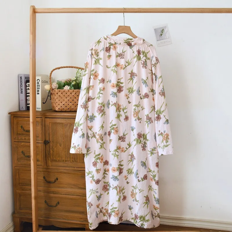 Women 100% Cotton Floral Robe V Neck Wrap Long Sleeve Adjustable Belt Vintage Wildflower Print Loungewear Bathrobe for Spring